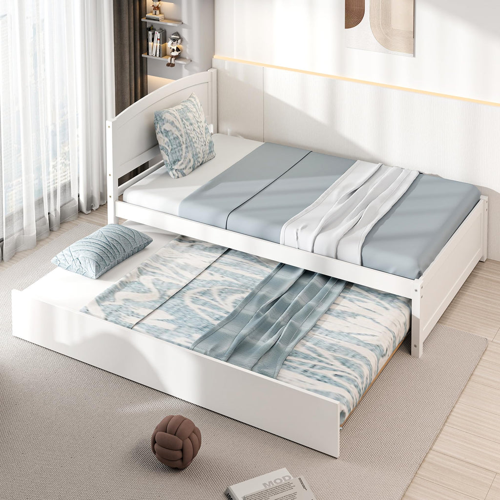 White Twin Trundle Bed with Headboard F70864