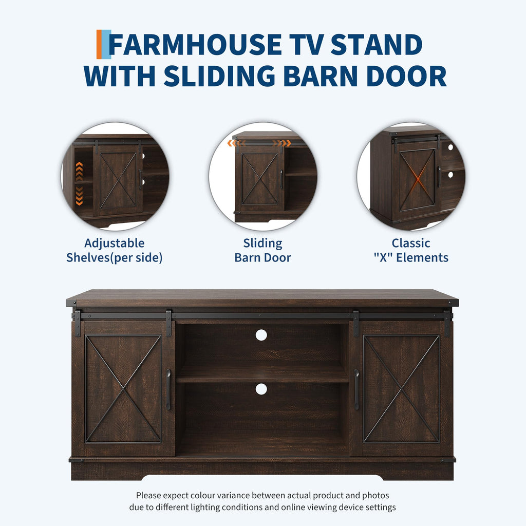 Brown Farmhouse TV Stand with Sliding Barn Doors and Storage Cabinets E29026