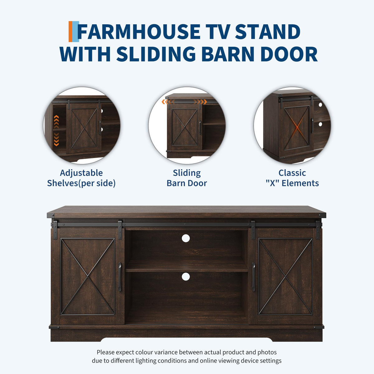 Brown Farmhouse TV Stand with Sliding Barn Doors and Storage Cabinets E29026