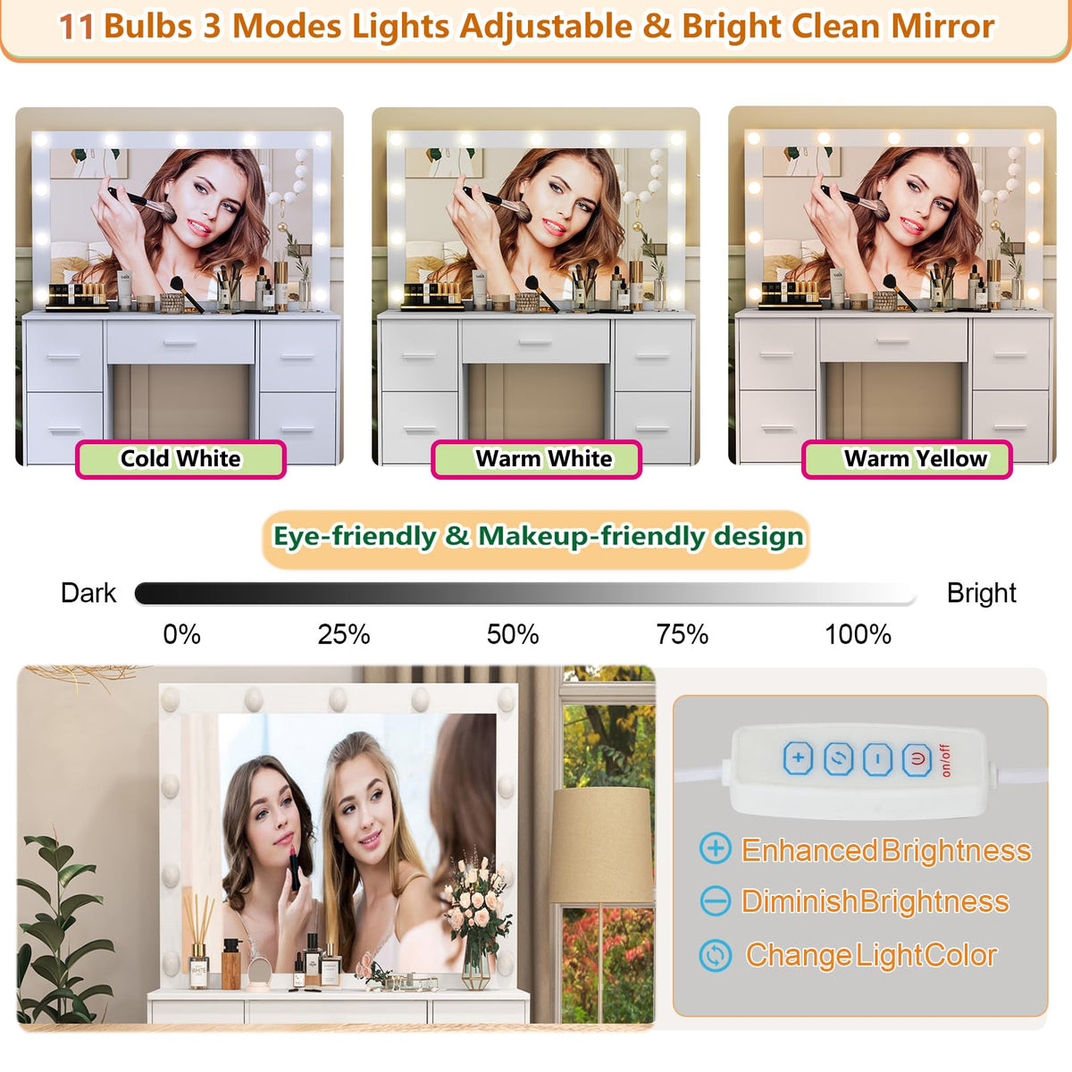 White 7 Drawer Vanity with Lights and Mirror R5529