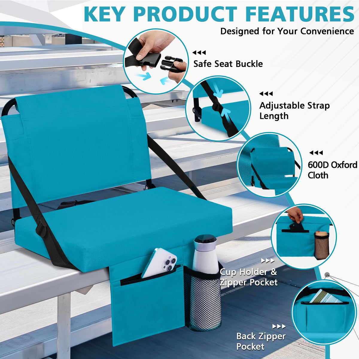 2 Pack Bleacher Seat with Back Support, Shoulder Strap & Cup Holder D8095