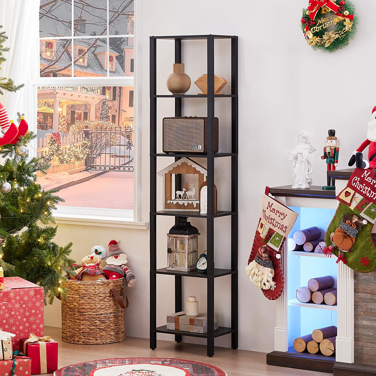 6 Tier Tall Skinny Black Bookshelf B16886