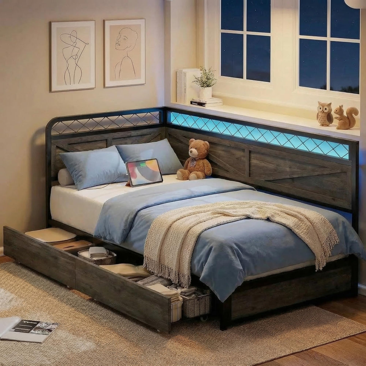 Twin Corner Bed Frame with Storage Drawers P7920