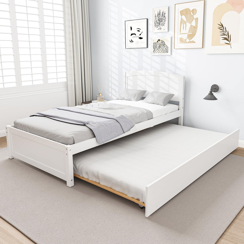 White Twin Trundle Bed with Headboard F70864