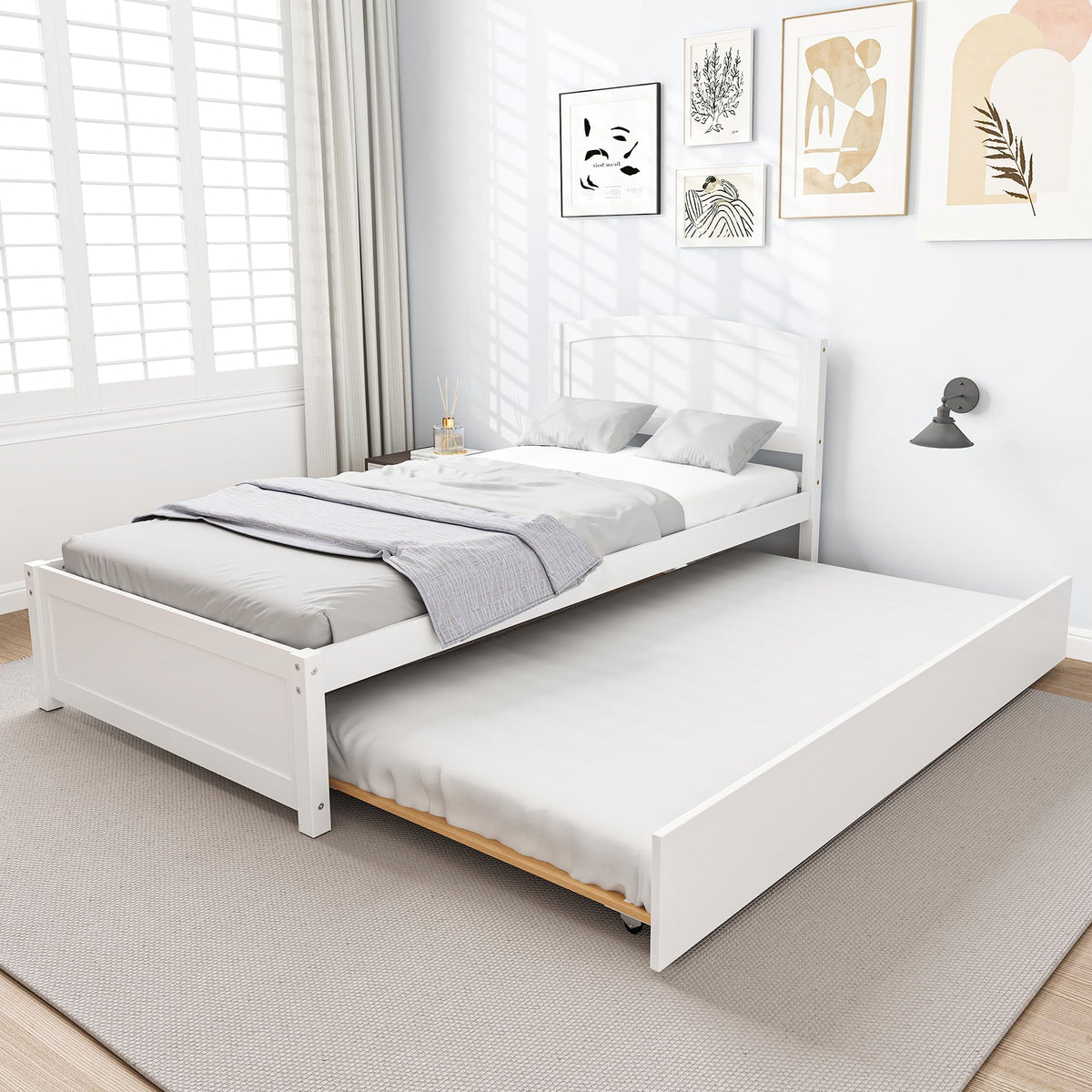 White Twin Trundle Bed with Headboard F70864