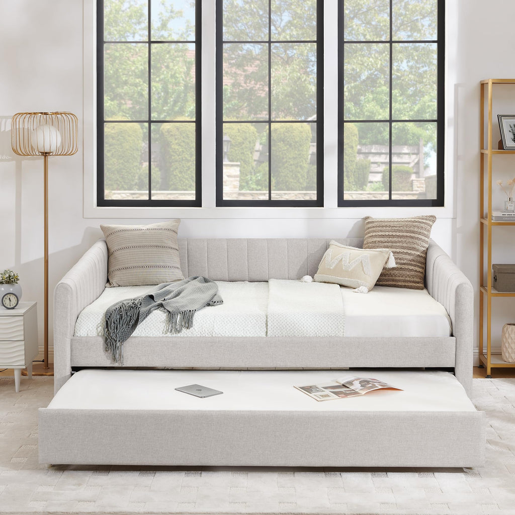 Linen Fabric Upholstered Full Size Daybed with Twin Trundle A9842