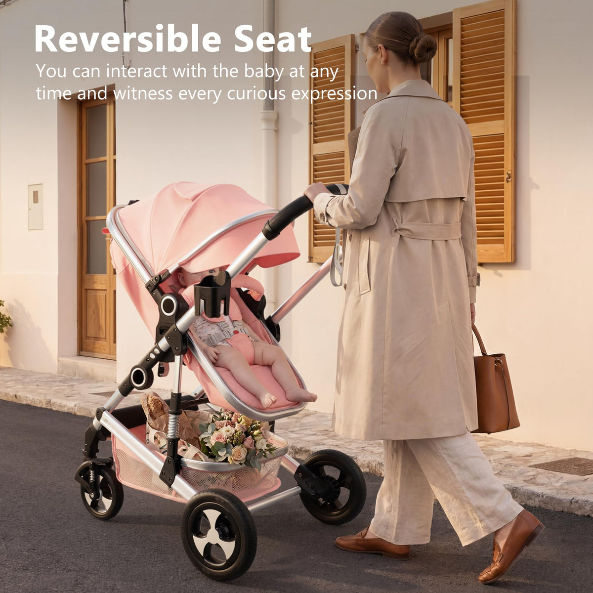 2 in 1 Convertible Baby Stroller, Diaper Bag, Pink O271980