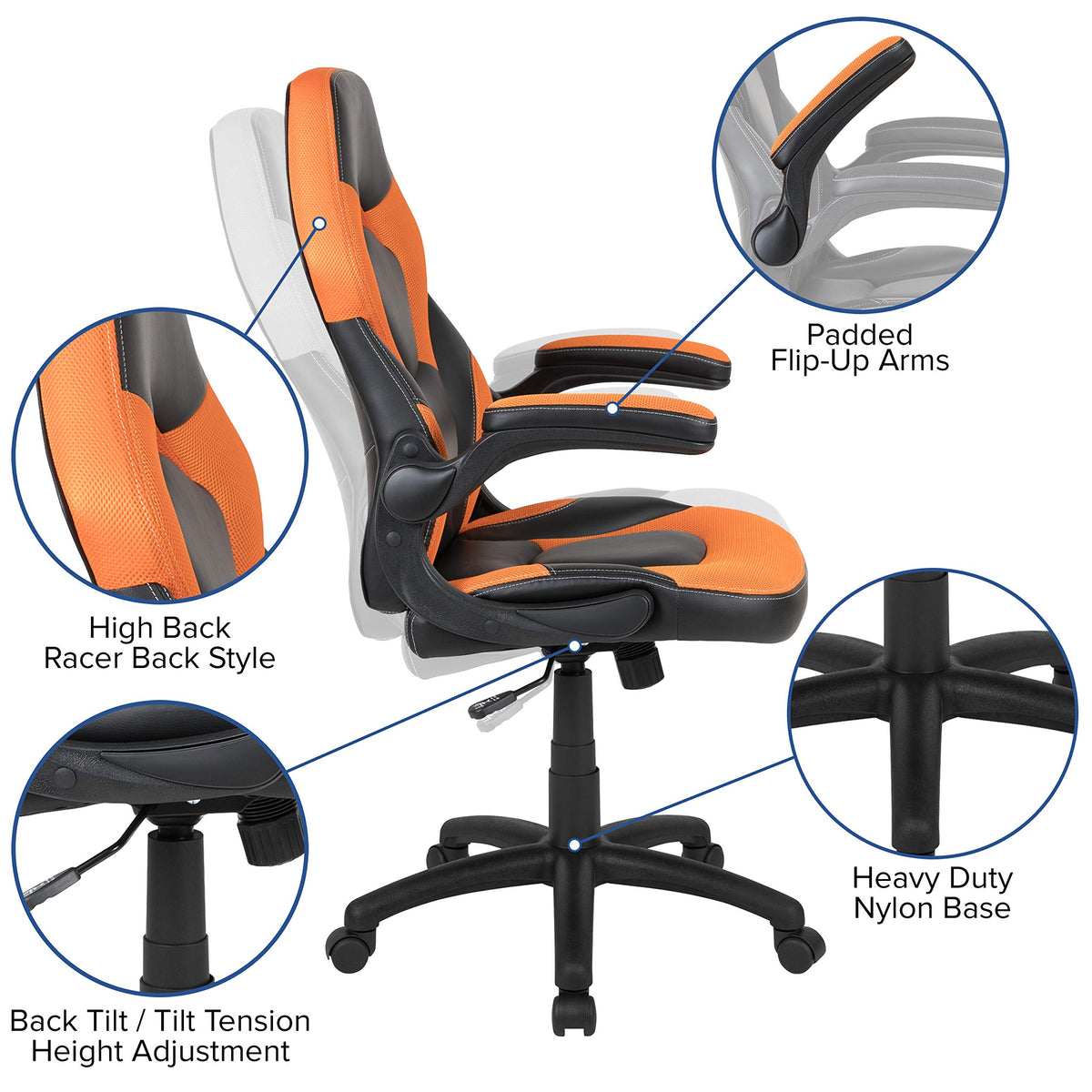 Orange Black Ergonomic Gaming Chair with Flip-Up Arms G139
