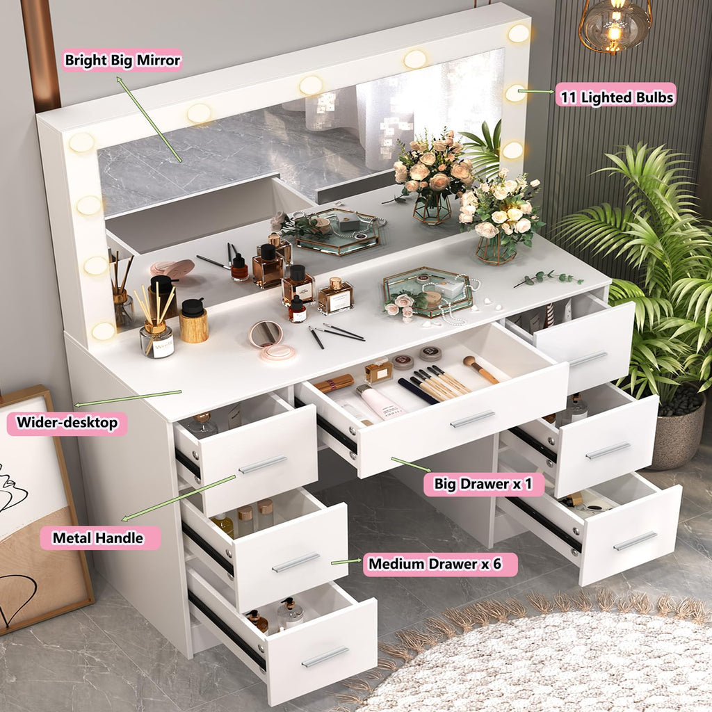 White 7 Drawer Vanity with Lights and Mirror R5529