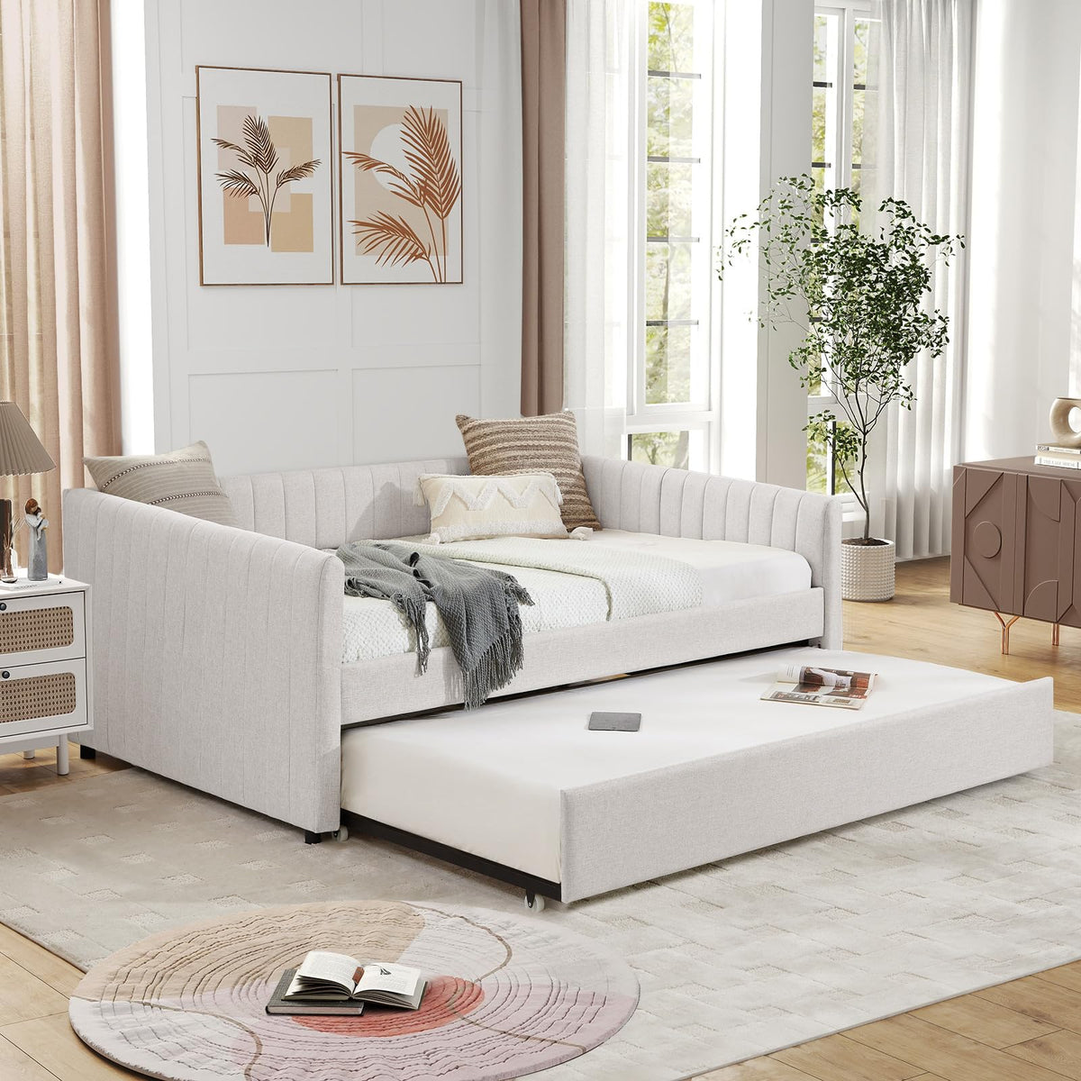 Linen Fabric Upholstered Full Size Daybed with Twin Trundle A9842