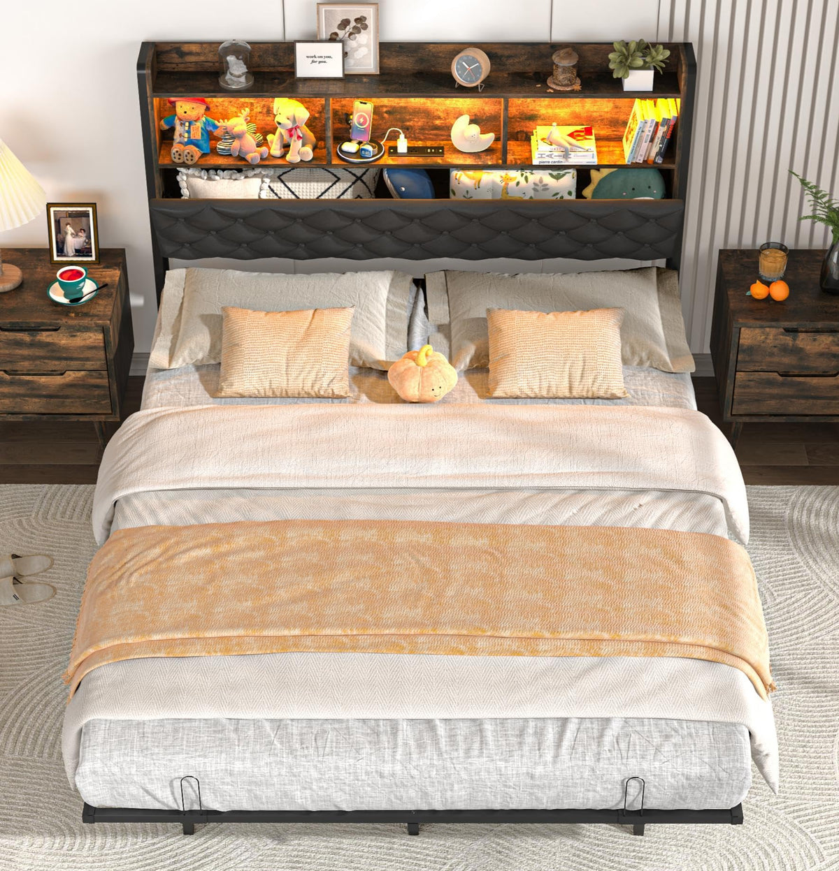 Queen Size Metal Platform Bed with Storage Bookcase Headboard D994