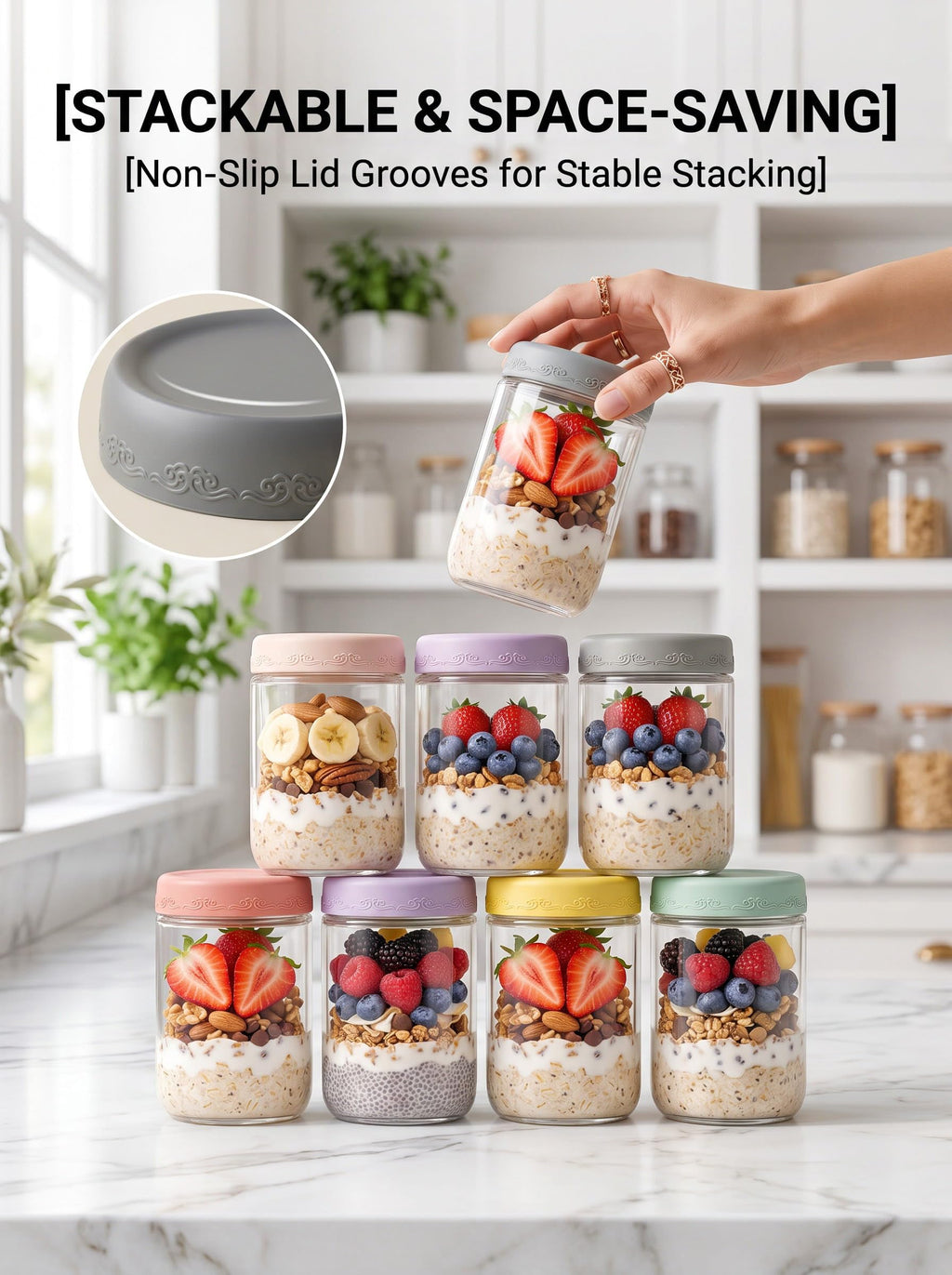 16oz 12-Pack Glass Overnight Oats Jars with Airtight Lids E288