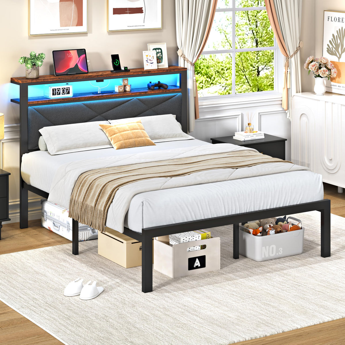 Queen Bed Frame with USB Charging Station O76204
