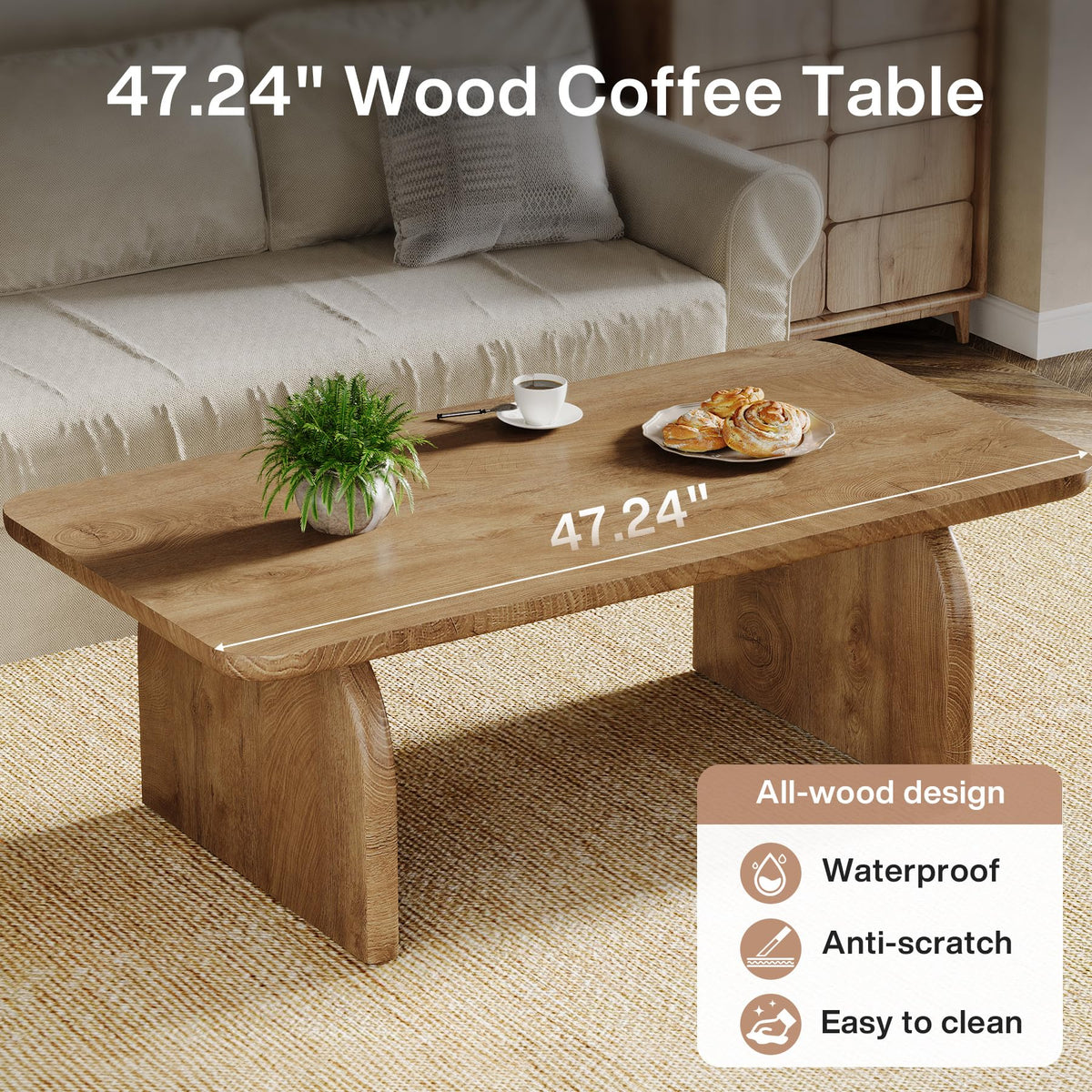 47-Inch Natural Brown Wood Coffee Table U633