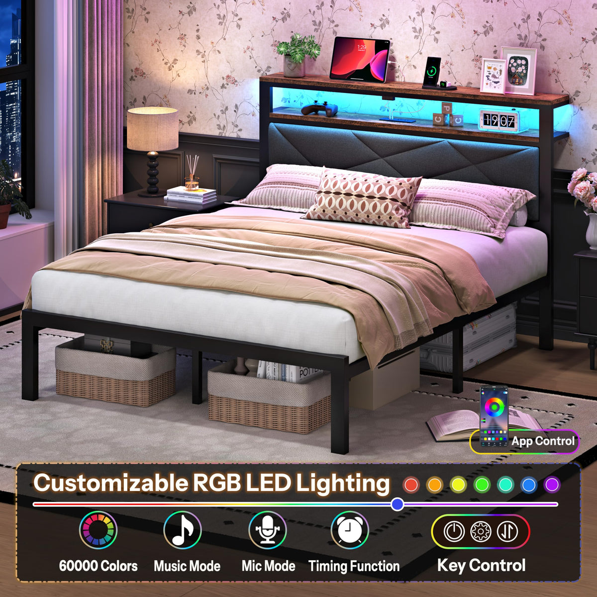 Queen Bed Frame with USB Charging Station O76204