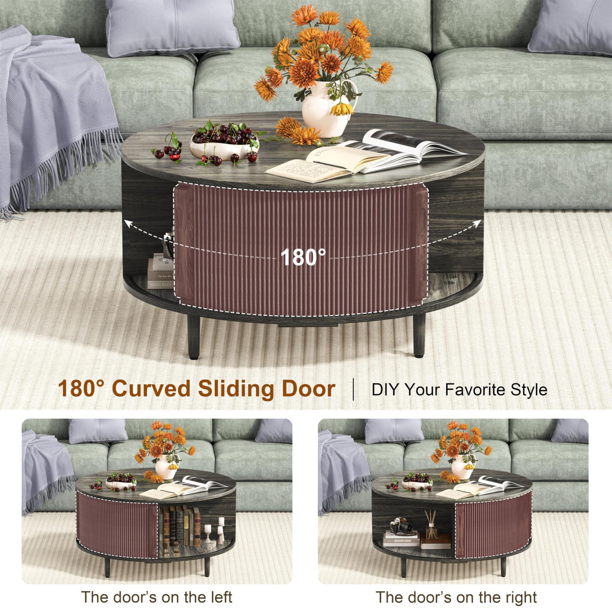 Round Coffee Table, 31.5" Lift-Top with Storage, Grey B117