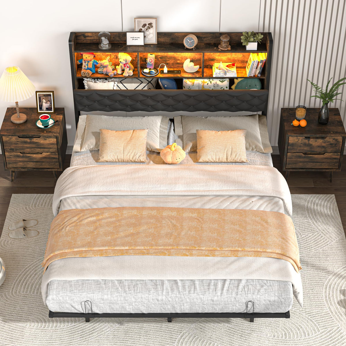 Queen Size Metal Platform Bed with Storage Bookcase Headboard D994