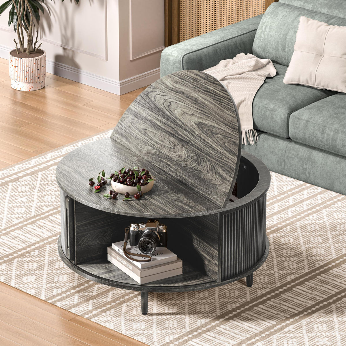 Round Coffee Table, 31.5" Lift-Top with Storage, Grey B117
