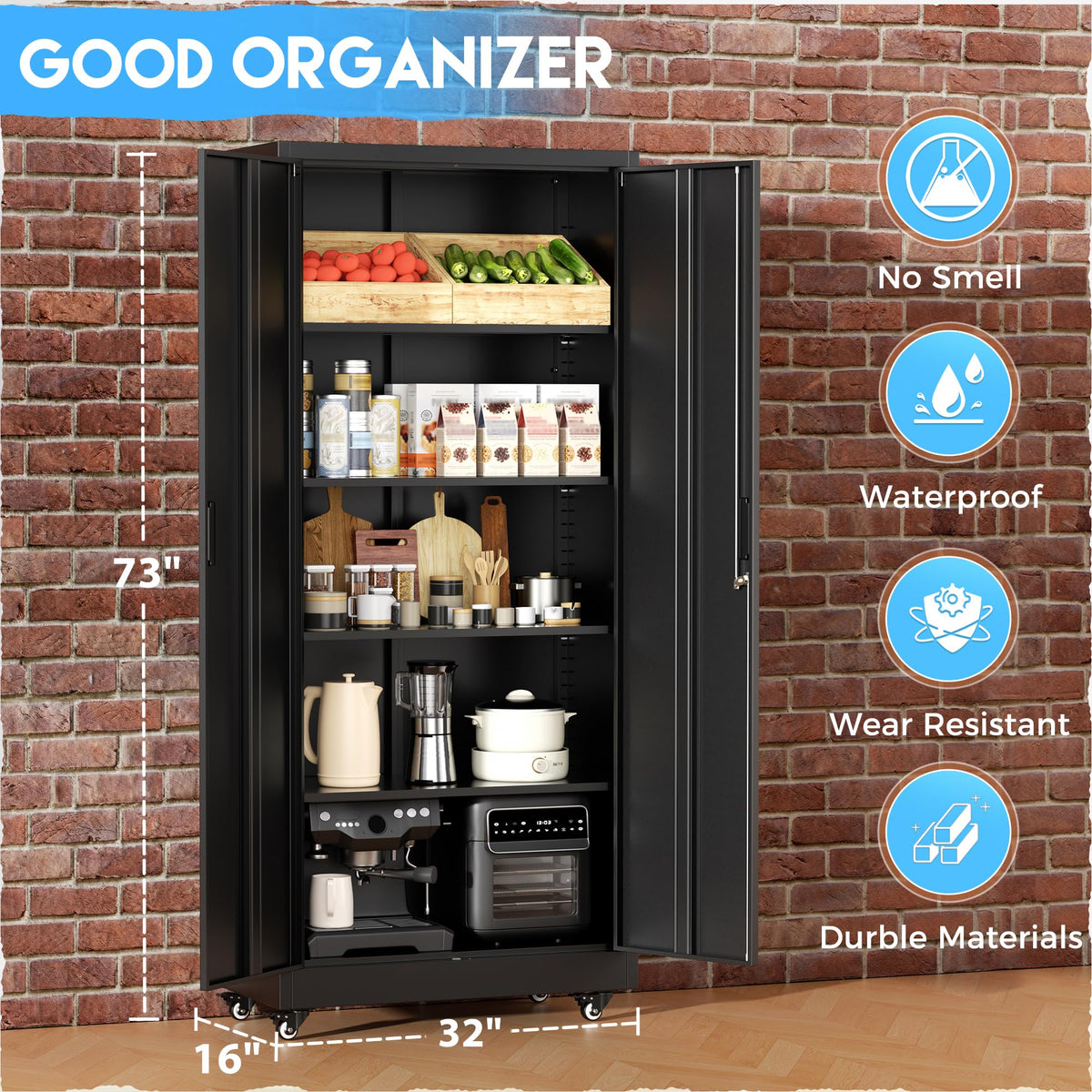 Black Metal Storage Cabinet with 4 Swivel Wheels A245