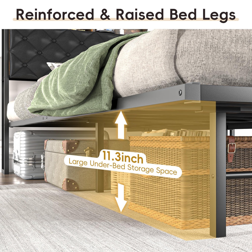 Queen Size Metal Platform Bed with Storage Bookcase Headboard D994