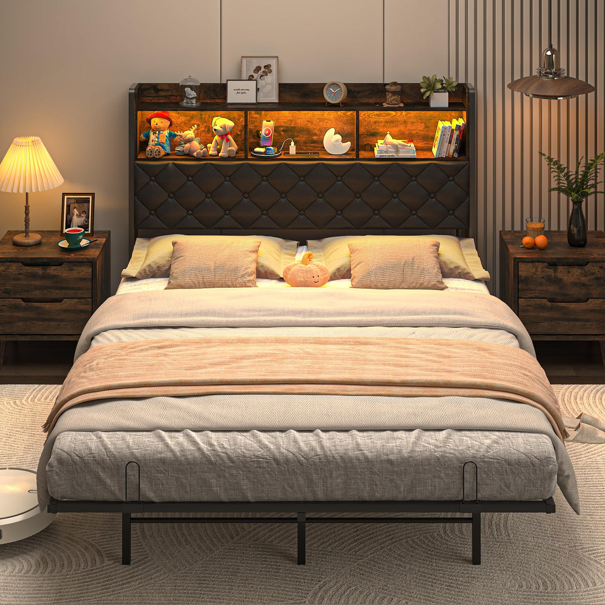 Queen Size Metal Platform Bed with Storage Bookcase Headboard D994