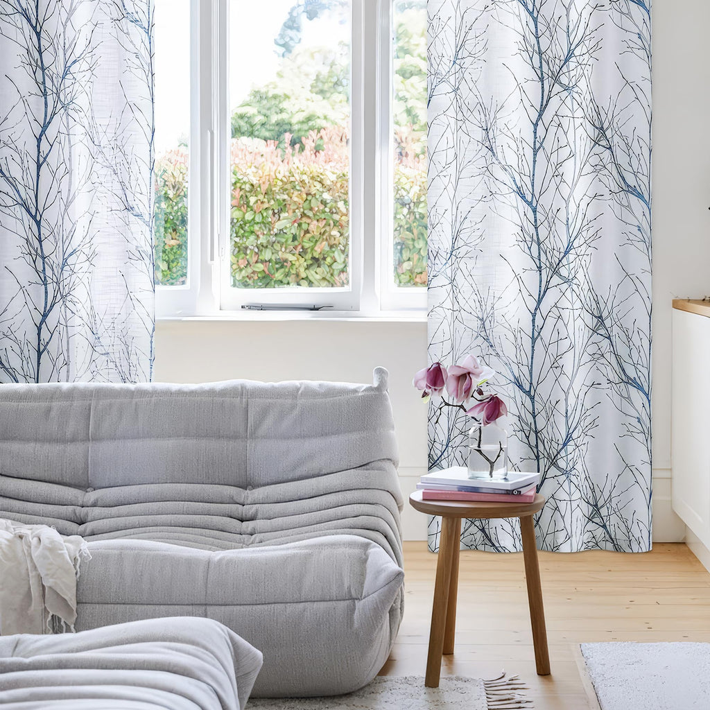 Linen Blue White Semi Sheer Curtains 84 Inch 1 Panel Z788
